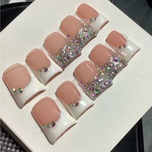 Trendy Y2K Handmade Gem Bling White French Tip Duck Shaped Press-On Nails S M L